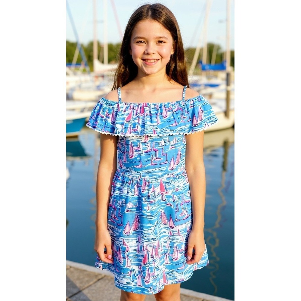 NEW Lilly Pulitzer GIRLS OFF SHOULDER AMARIS DRESS Zanzibar Blue Boatylicious 16